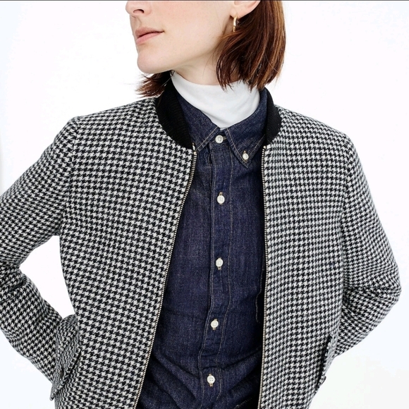 J Crew Size XS Black White Houndstooth Wool Bomber Zip Jacket - Picture 6 of 7